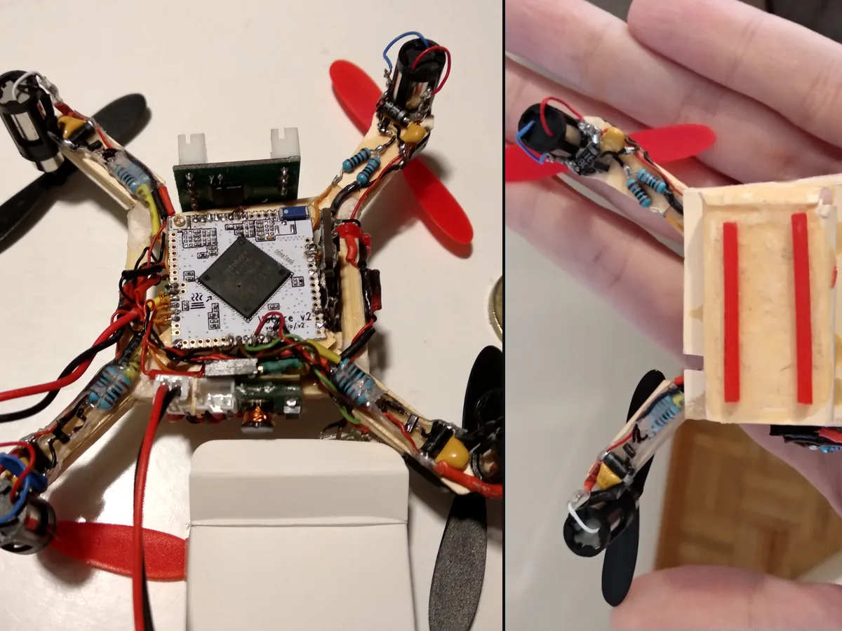 El nanodron The Interceptor visto desde arriba y sostenido en la mano